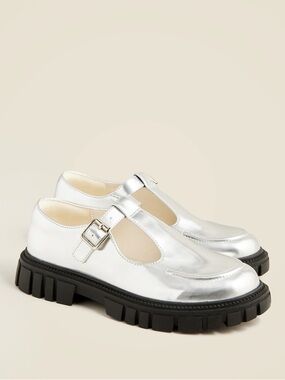 J.Crew Crewcuts Girls’ Silver Lug-Sole T-Strap Shoe—12